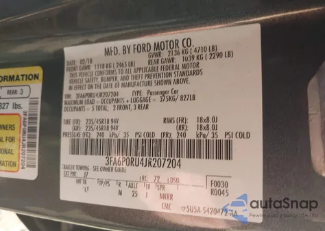 2018 Ford Fusion Hybrid Titanium z USA, uszkodzony, nr VIN 3FA6P0RU4JR207204